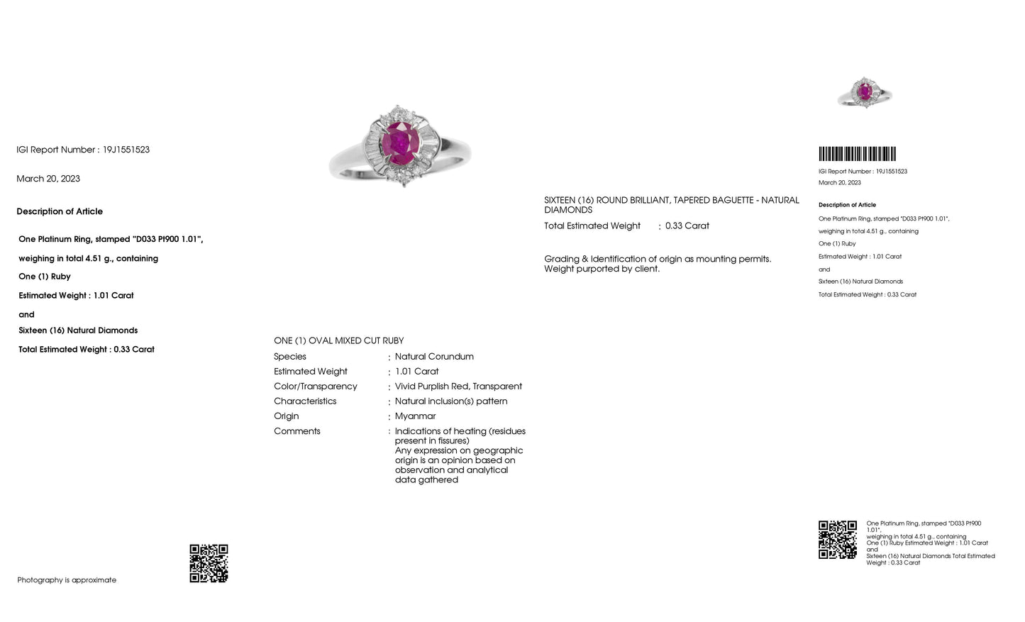 1.01ct NATURAL BURMA RUBY accented by 0.33ct NATURAL DIAMONDS set in Platinum Ring