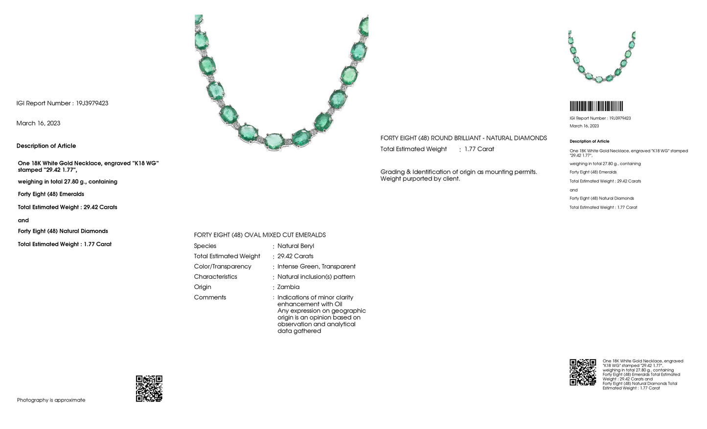 29.42ct NATURAL ZAMBIAN EMERALDS and 1.77ct NATURAL DIAMONDS set in  18K White Gold Necklace