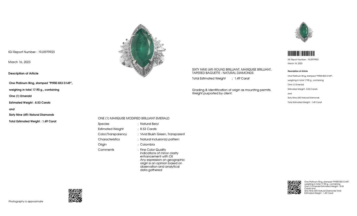 8.53ct Fine Vivid Colombia Emerald 1.49ct Natural Diamonds set with Platinum Ring - SALE