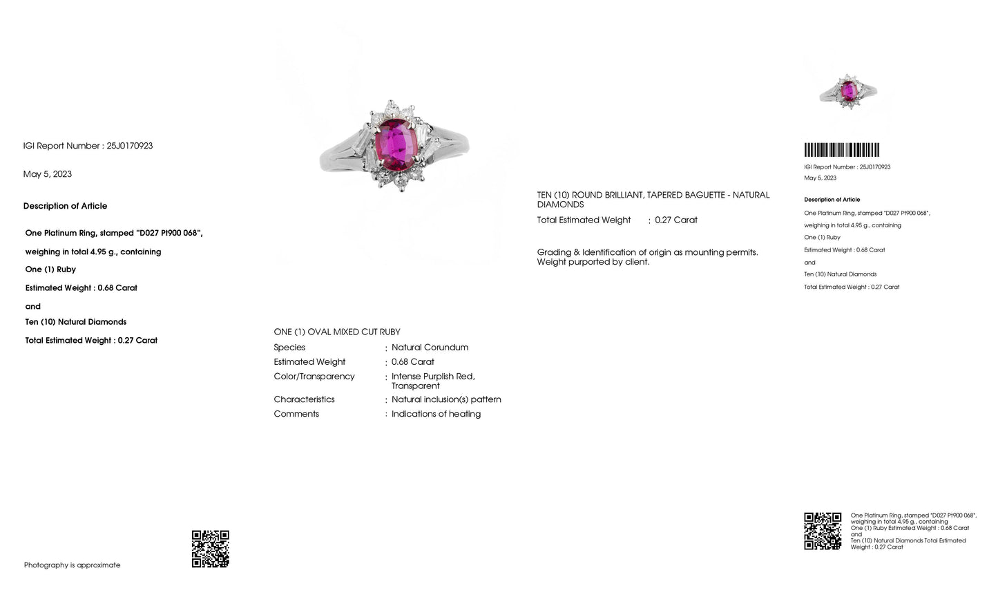 0.68ct Natural Ruby and 0.27ct Natural Diamonds set in Platinum Ring - SALE