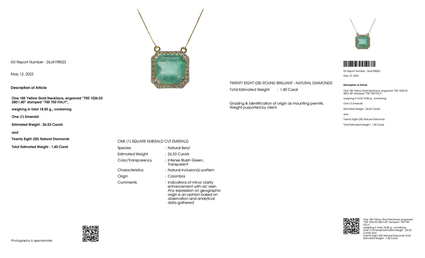 26.53ct NATURAL COLOMBIA EMERALD accented by 1.40ct NATURAL DIAMONDS set in 18K Yellow Gold Necklace with Pendant