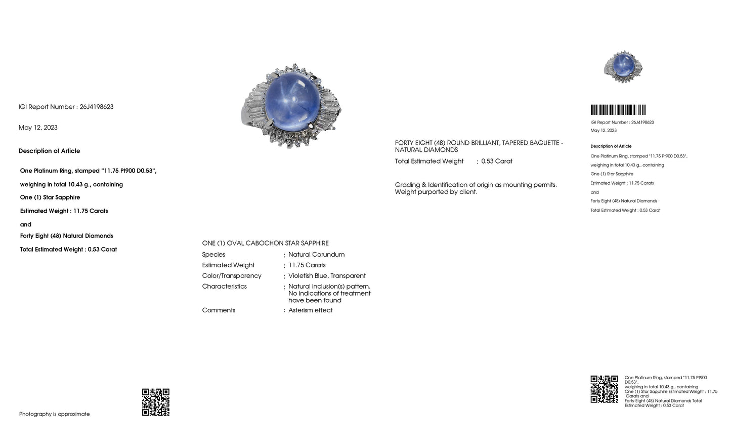 11.75ct NATURAL NOT-HEATED STAR-SAPPHIRE and 0.53ct NATURAL DIAMONDS set in Platinum Ring