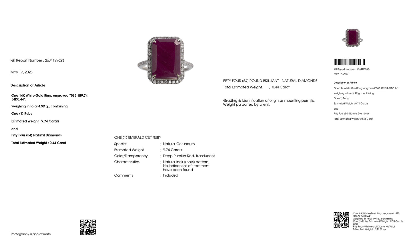 9.74ct Not-treated Ruby and 0.44ct Natural Diamonds set in 14k White Gold Ring - SALE