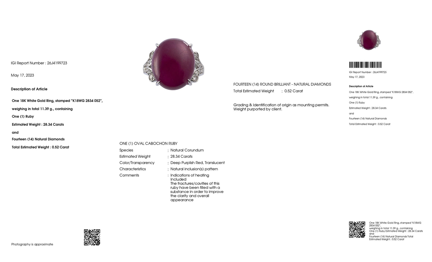 28.34ct NATURAL RUBY accented by 0.52ct NATURAL DIAMONDS set with 18K White Gold Ring