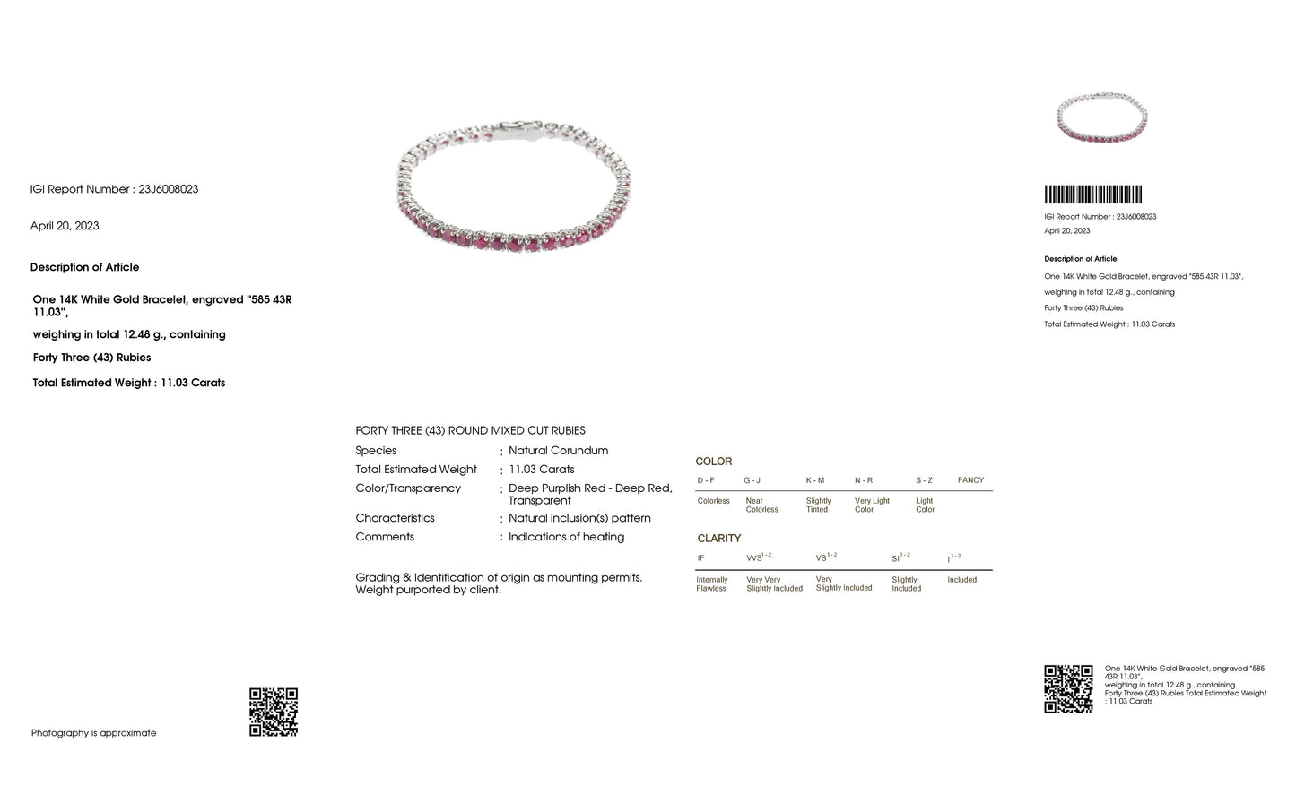 IGI Certified 11.03ct Natural Rubies 14K White Gold Bracelet - SALE