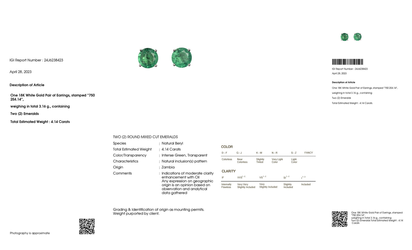 4.14ct Natural Round Emeralds set with 14K White Gold Earrings