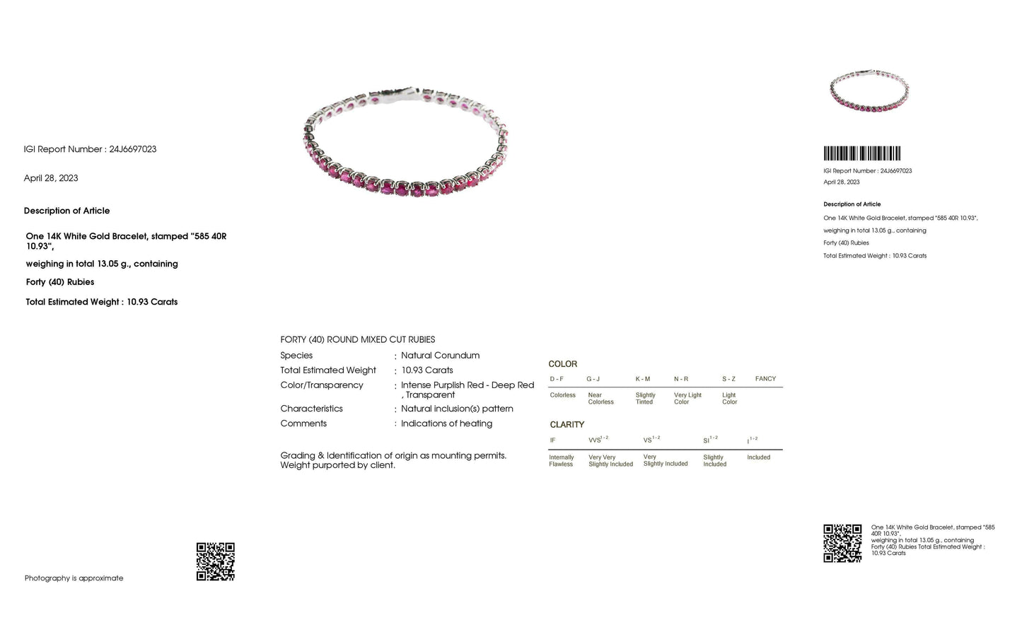 IGI Certified 10.93ct Natural Rubies 14K White Gold Bracelet