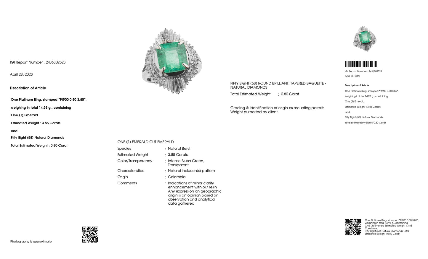 3.85ct Colombian Emerald and 0.80ct Natural Diamonds set in Platinum Ring - SALE