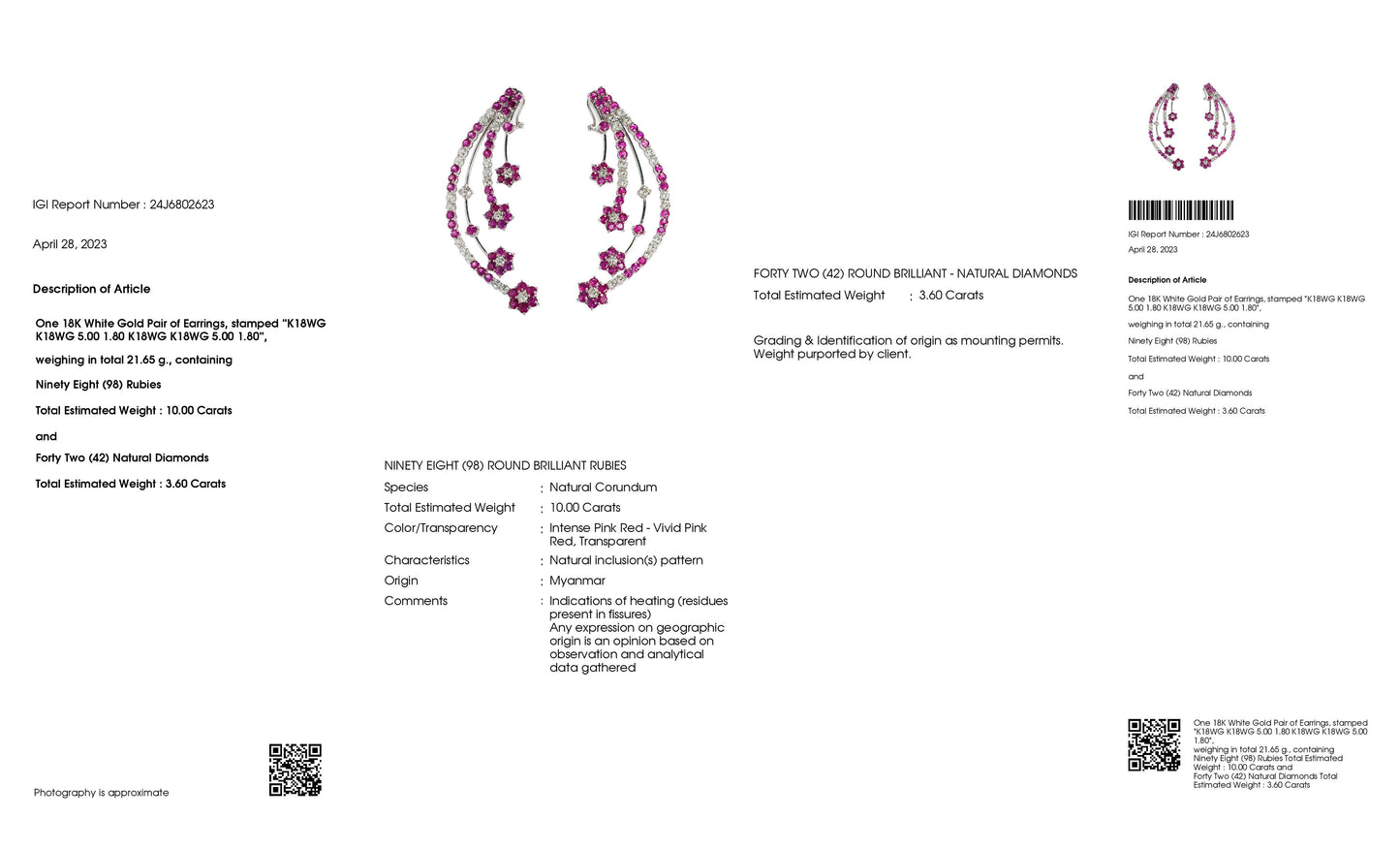 10.00ct NATURAL BURMA RUBIES and 3.60ct NATURAL DIAMONDS set with 18K White Gold Pair of Earrings