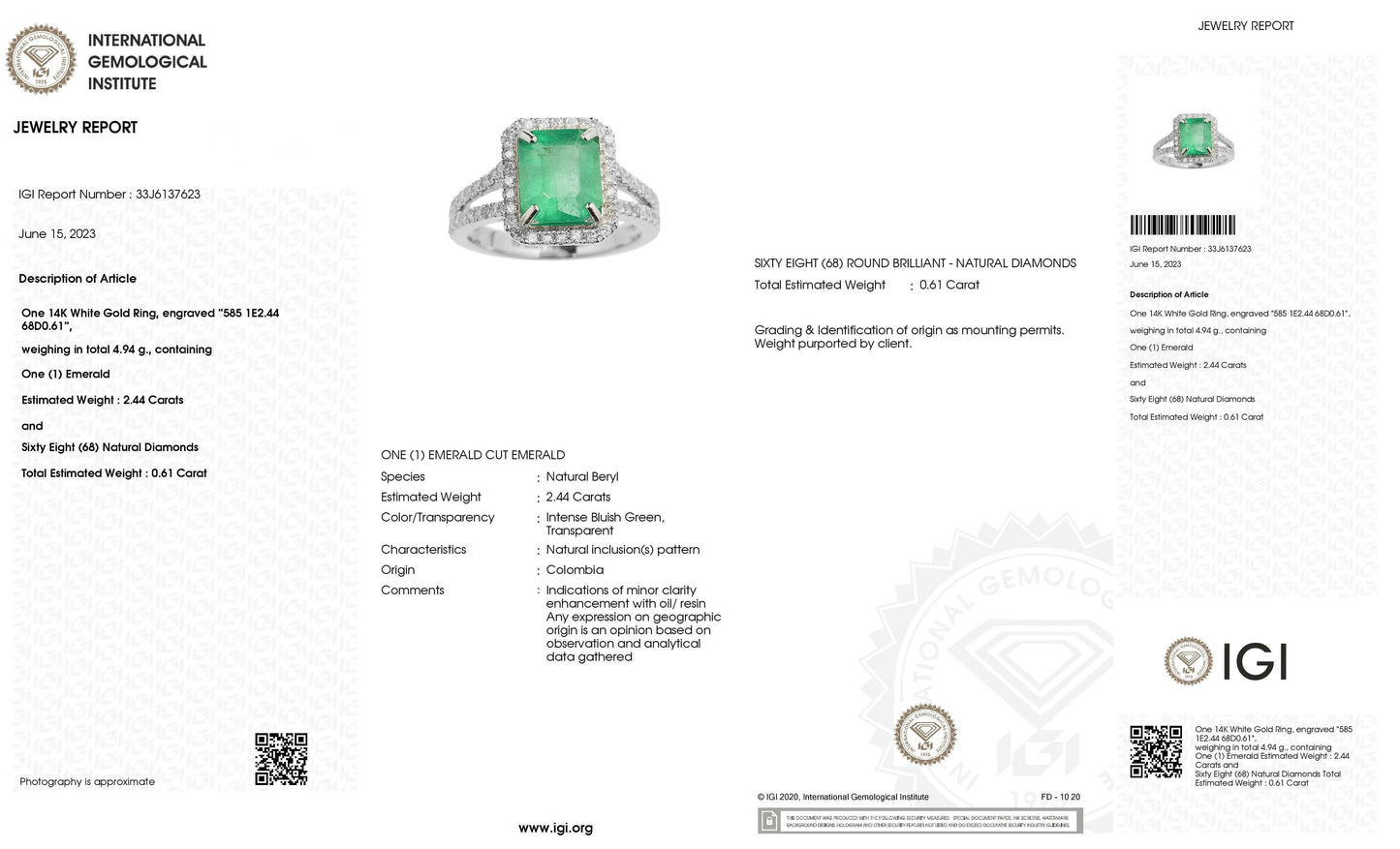 IGI Certified 2.44ct Natural Emerald & 0.61ct Natural Diamonds Gold Ring