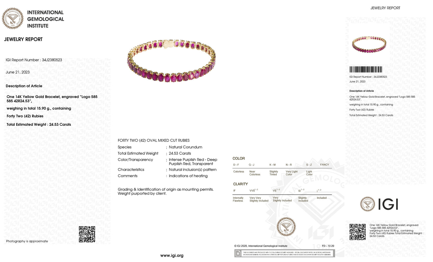 24.53ct Natural Rubies set with 14K Yellow Gold Bracelet