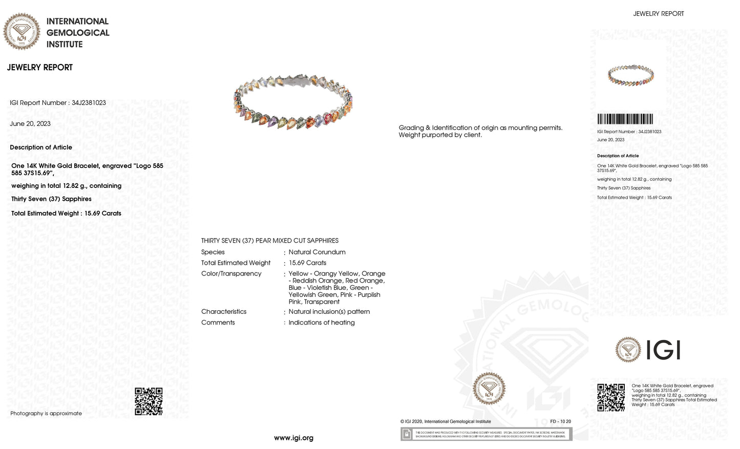 15.69ct Natural Multi-Color Sapphires set with 14KT White Gold Bracelet