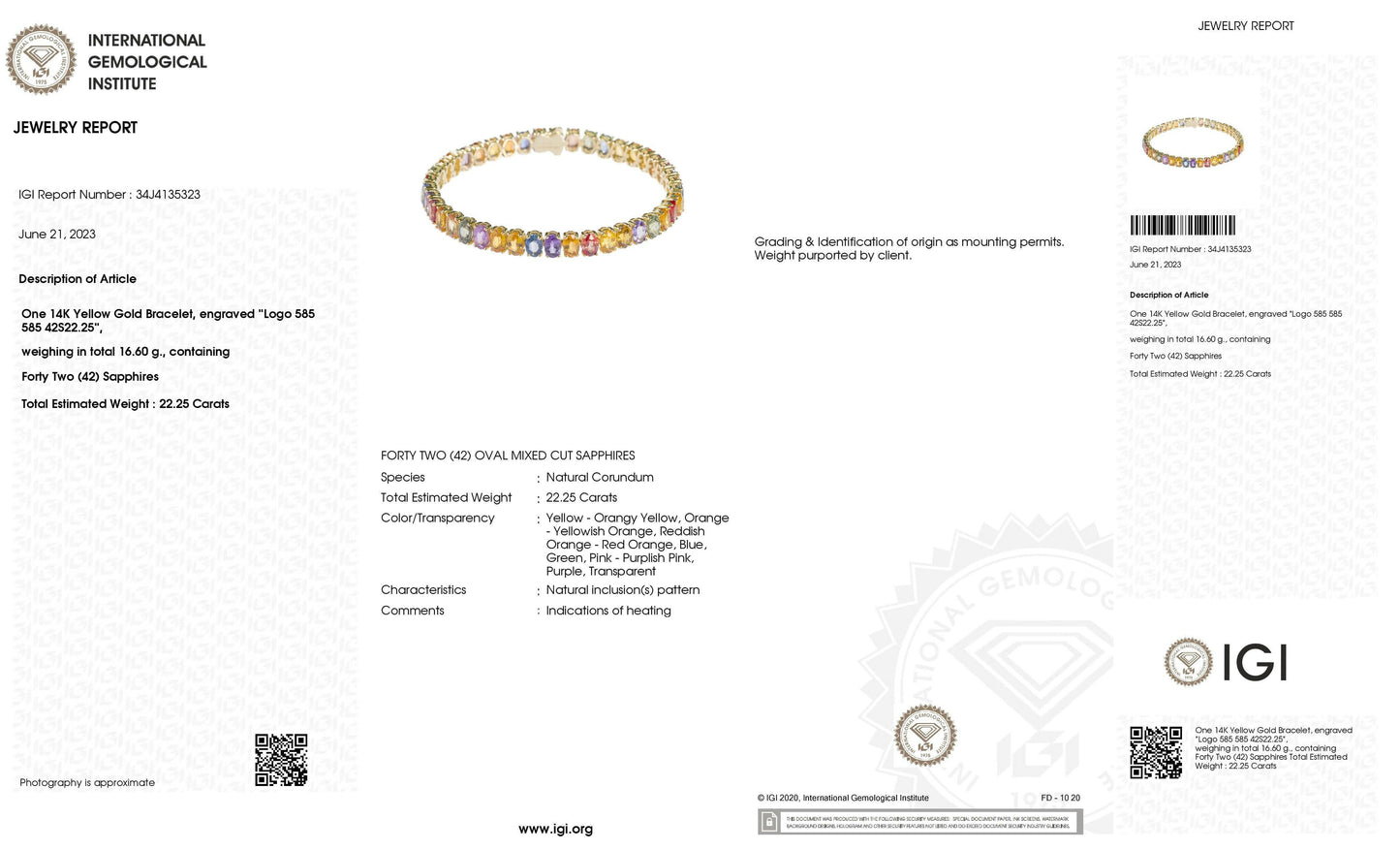 22.25ct Natural Multi-Color Sapphires set in 14KT Yellow Gold Bracelet