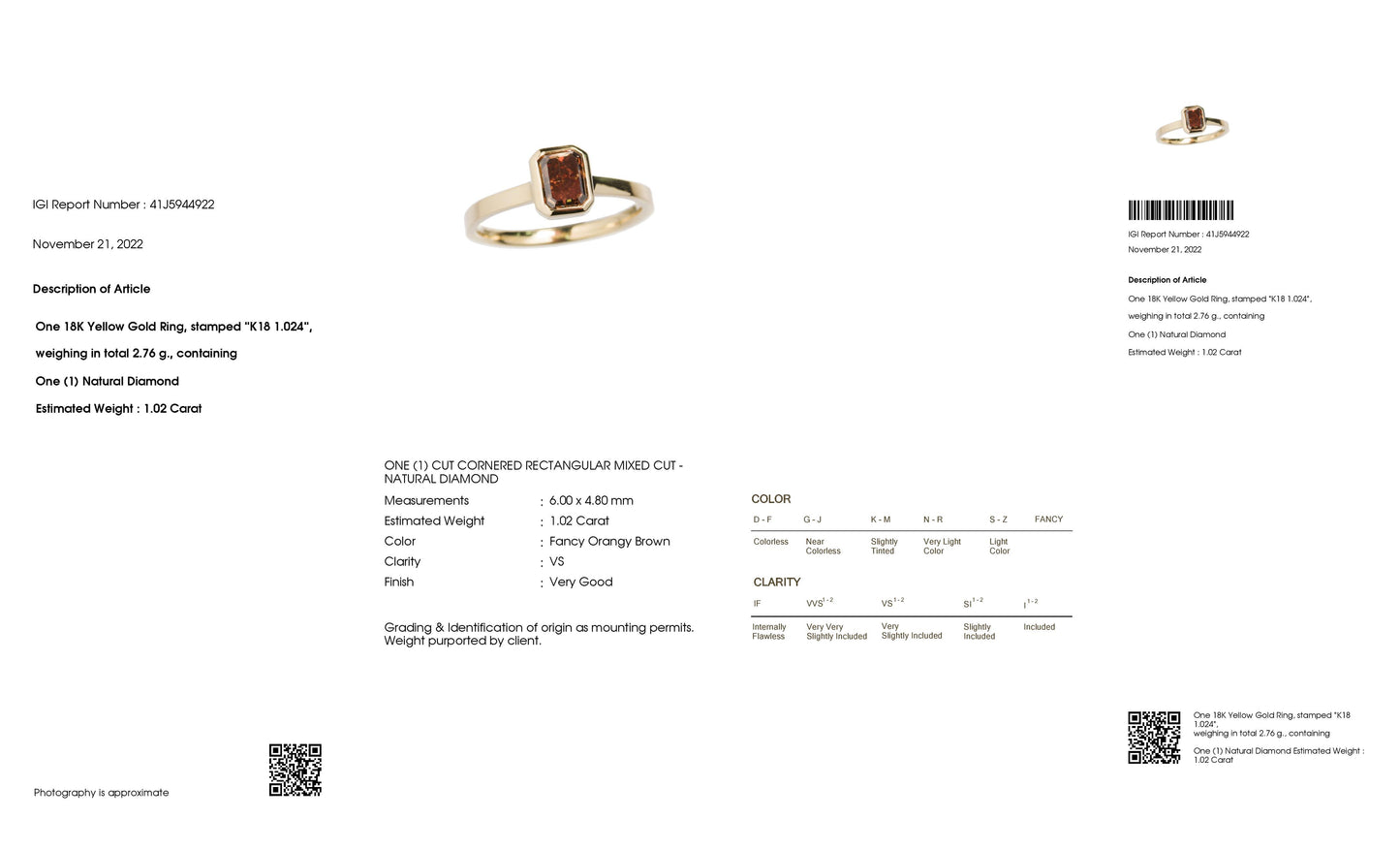 1.02ct NATURAL FANCY COLOR DIAMOND set in 18K Yellow Gold Ring