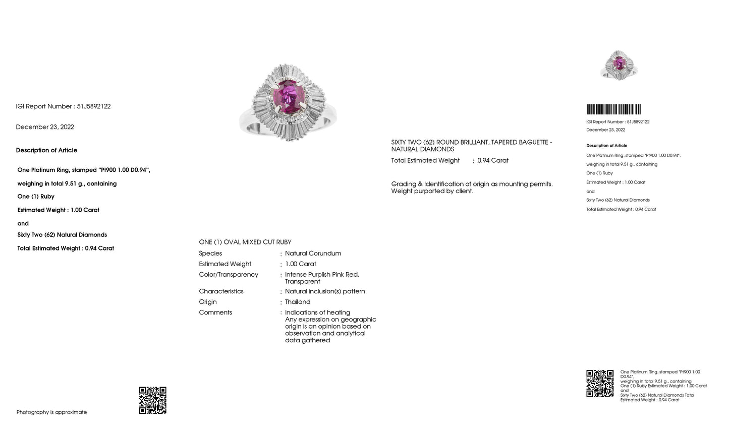 1.00ct Natural Ruby 0.94ct Natural Diamonds set it Platinum Ring - SALE