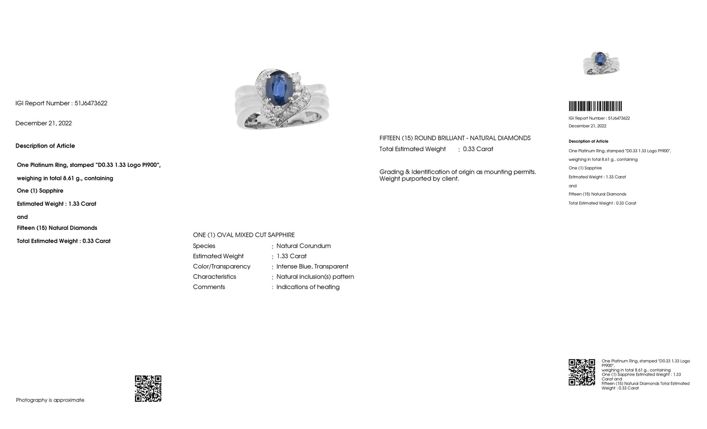 1.33ct NATURAL SAPPHIRE and 0.33ct NATURAL DIAMONDS set in Platinum Ring