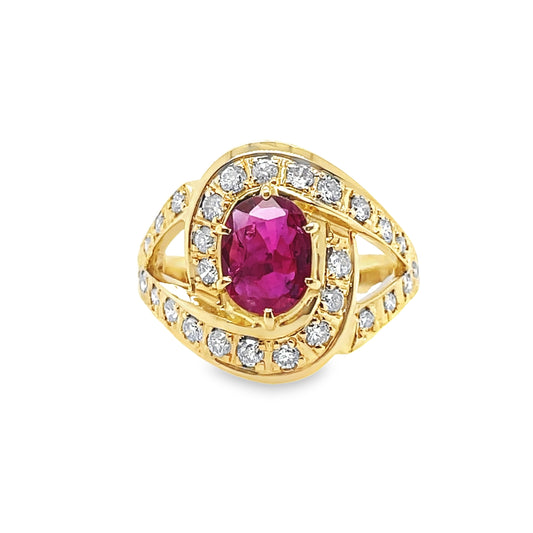 1.10ct NATURAL RUBY accented by 0.60ct NATURAL DIAMONDS set with 18K Yellow Gold Ring - SALE