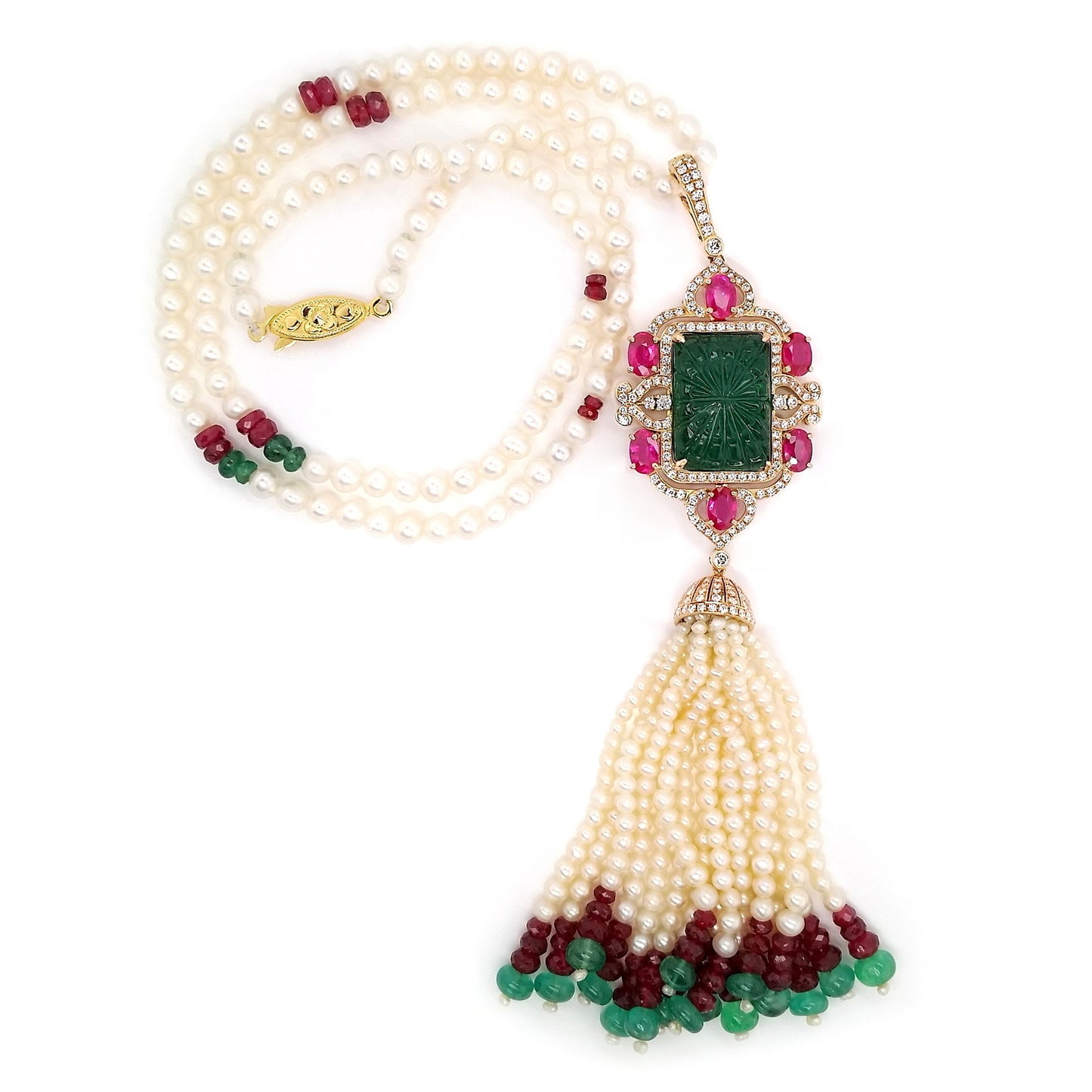 30.86ct Natural Emerald, 23.65 Natural Rubies, 1.52ct Natural Diamonds and Natural Pearls set in 18K Pink and Yellow Gold masterpiece Necklace