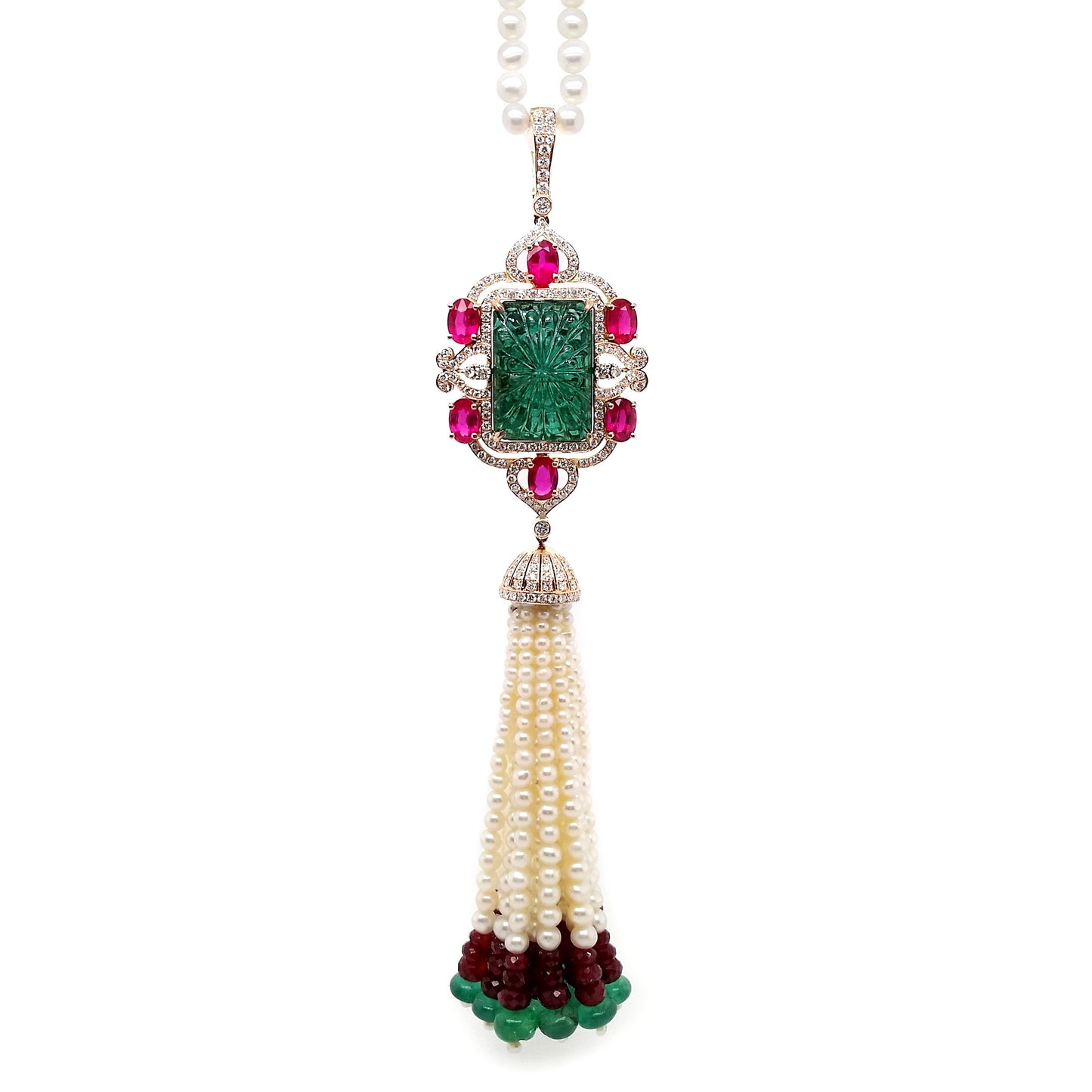 30.86ct Natural Emerald, 23.65 Natural Rubies, 1.52ct Natural Diamonds and Natural Pearls set in 18K Pink and Yellow Gold masterpiece Necklace