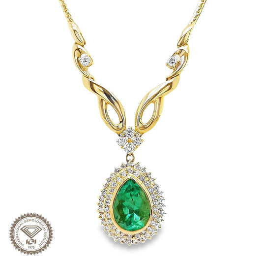 5.14ct NATURAL COLOMBIA EMERALD accented by 1.46ct NATURAL DIAMONDS set with 18K Yellow Gold Necklace