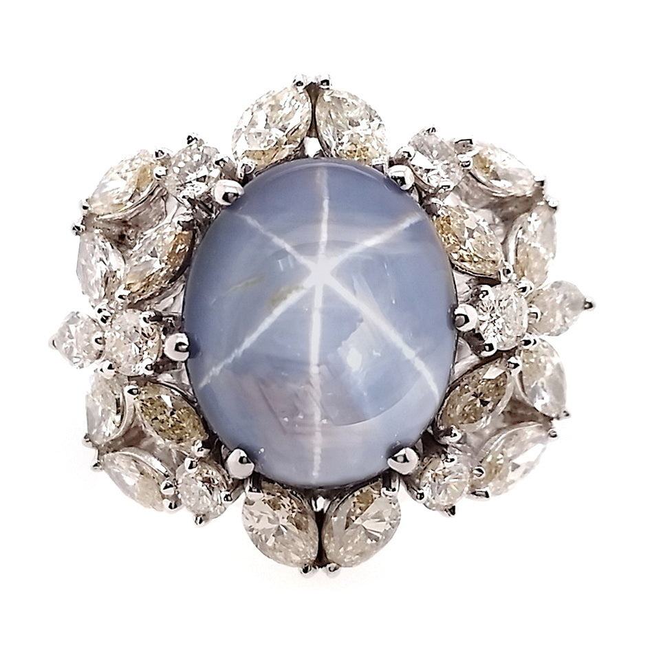 19.82ct NATURAL NOT-HEATED BURMA STAR SAPPHIRE and 4.01ct NATURAL DIAMONDS set in 18K White Gold Ring