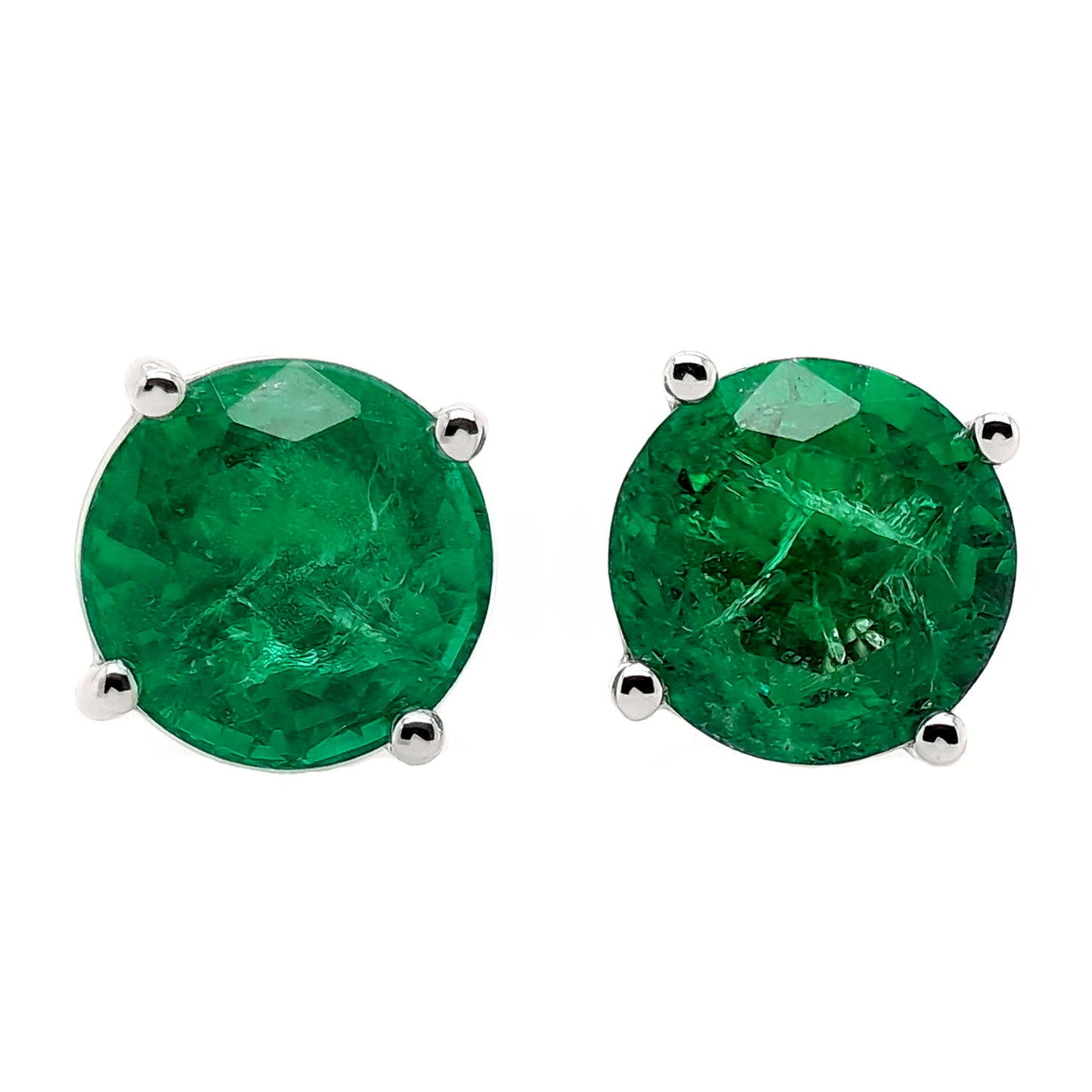 4.14ct Natural Round Emeralds set with 14K White Gold Earrings