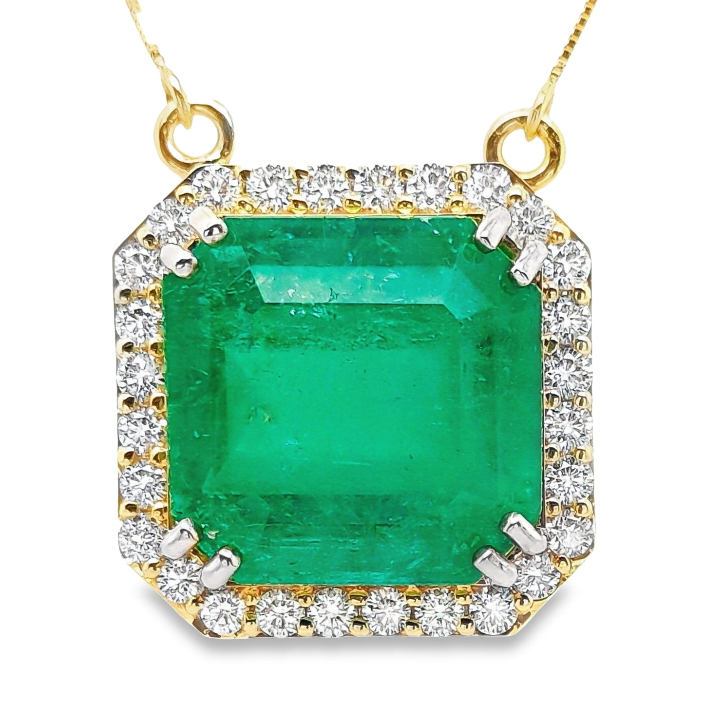 26.53ct NATURAL COLOMBIA EMERALD accented by 1.40ct NATURAL DIAMONDS set in 18K Yellow Gold Necklace with Pendant