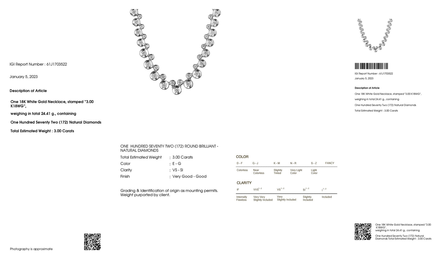 Classic 18K White Gold Necklace set with 3.00ct Natural White Diamonds - SALE