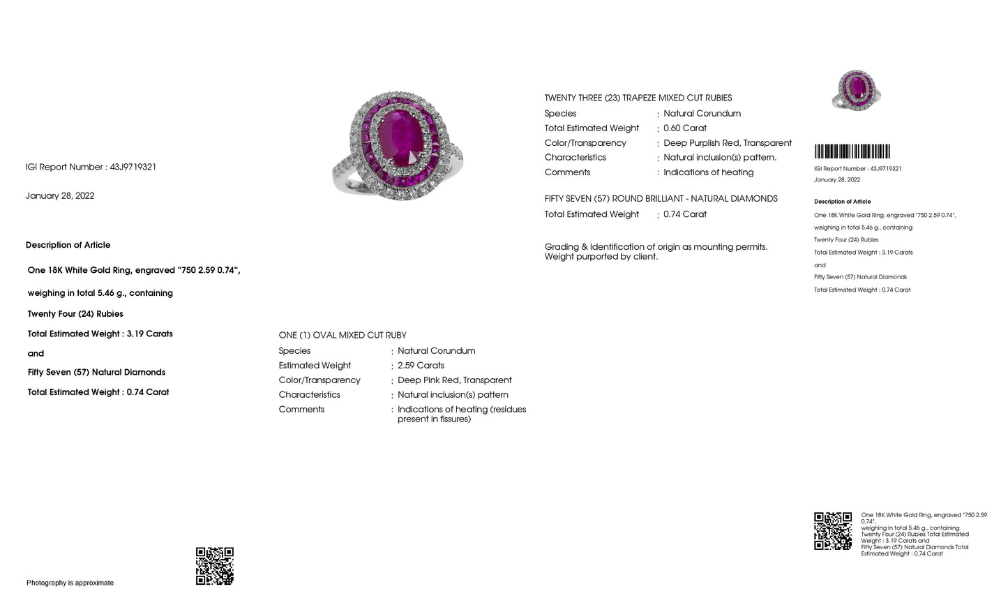 3.19ct NATURAL RUBIES and 0.74ct NATURAL DIAMONDS set with 18K White Gold Ring - SALE