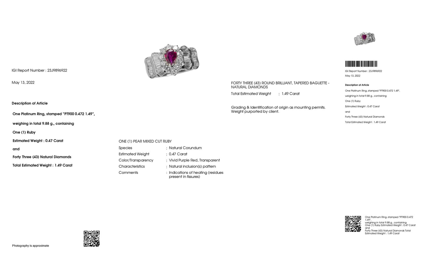 0.47ct NATURAL RUBY accented by 1.49ct NATURAL DIAMONDS set with Platinum Ring - SALE