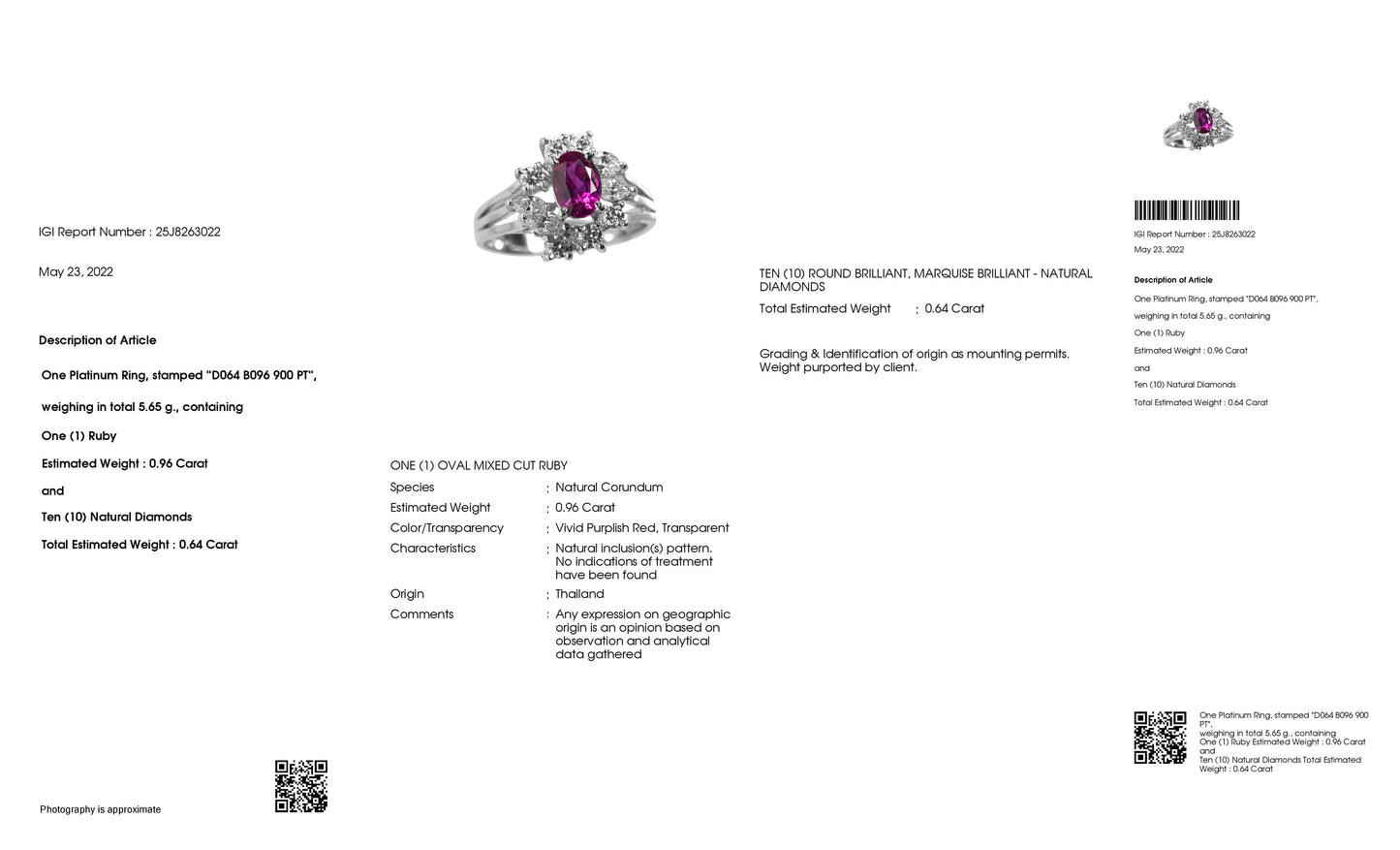 0.96ct NATURAL NOT-TREATED THAI RUBY accented by 0.64ct NATURAL DIAMONDS set with Platinum Ring - SALE