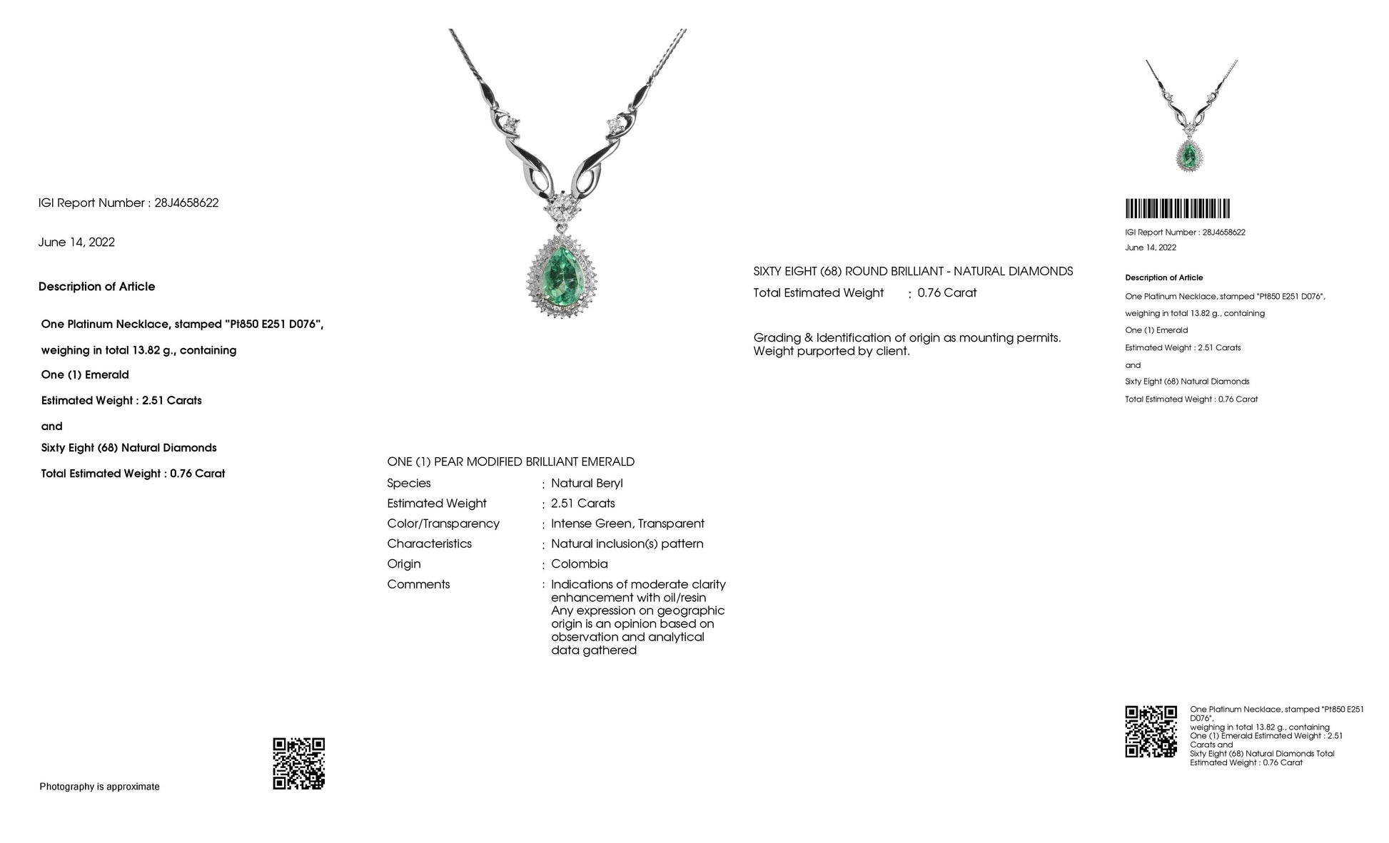 2.51ct NATURAL COLOMBIA EMERALD and 0.76ct NATURAL DIAMONDS Necklace - SALE.