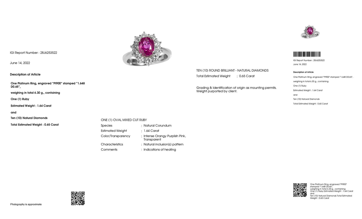 1.64ct NATURAL RUBY accented by 0.65ct NATURAL DIAMONDS set with Platinum Ring - SALE