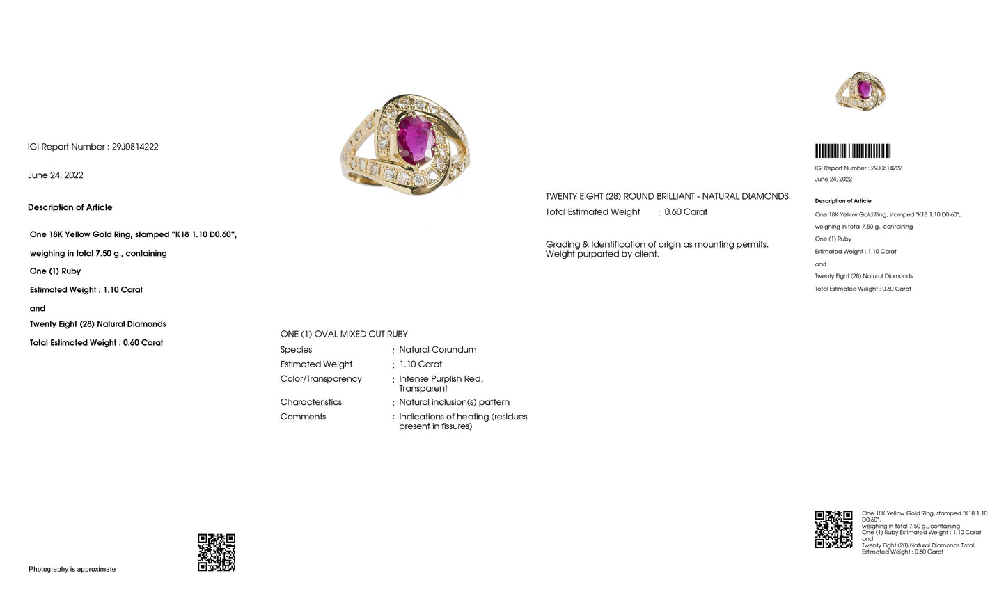 1.10ct NATURAL RUBY accented by 0.60ct NATURAL DIAMONDS set with 18K Yellow Gold Ring - SALE