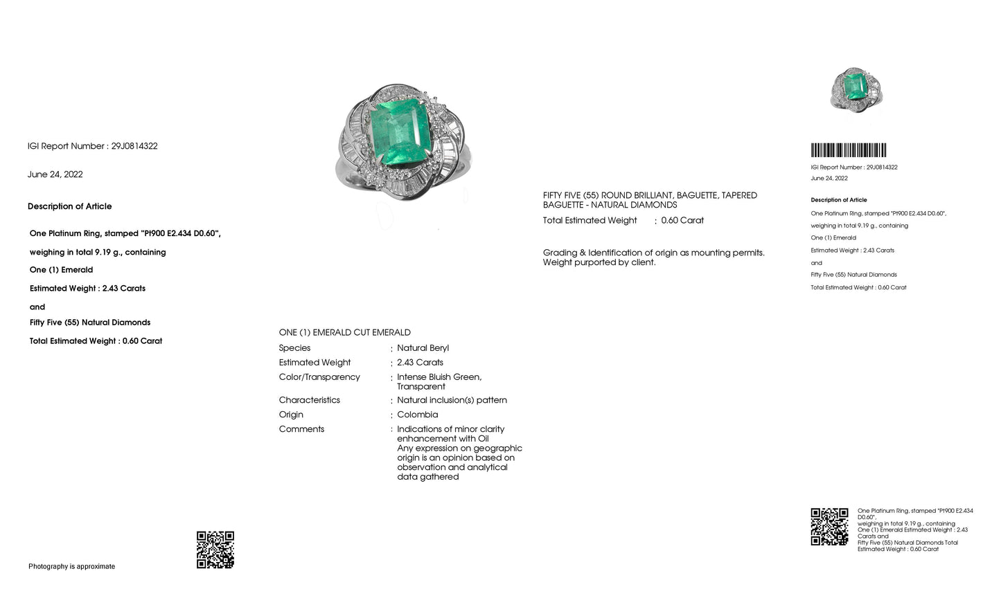 2.43ct NATURAL COLOMBIA EMERALD and 0.60ct NATURAL DIAMONDS Ring set in Platinum - SALE