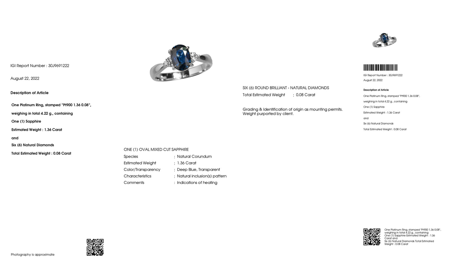 1.36ct NATURAL SAPPHIRE and 0.08ct NATURAL DIAMONDS set with Platinum Ring - SALE