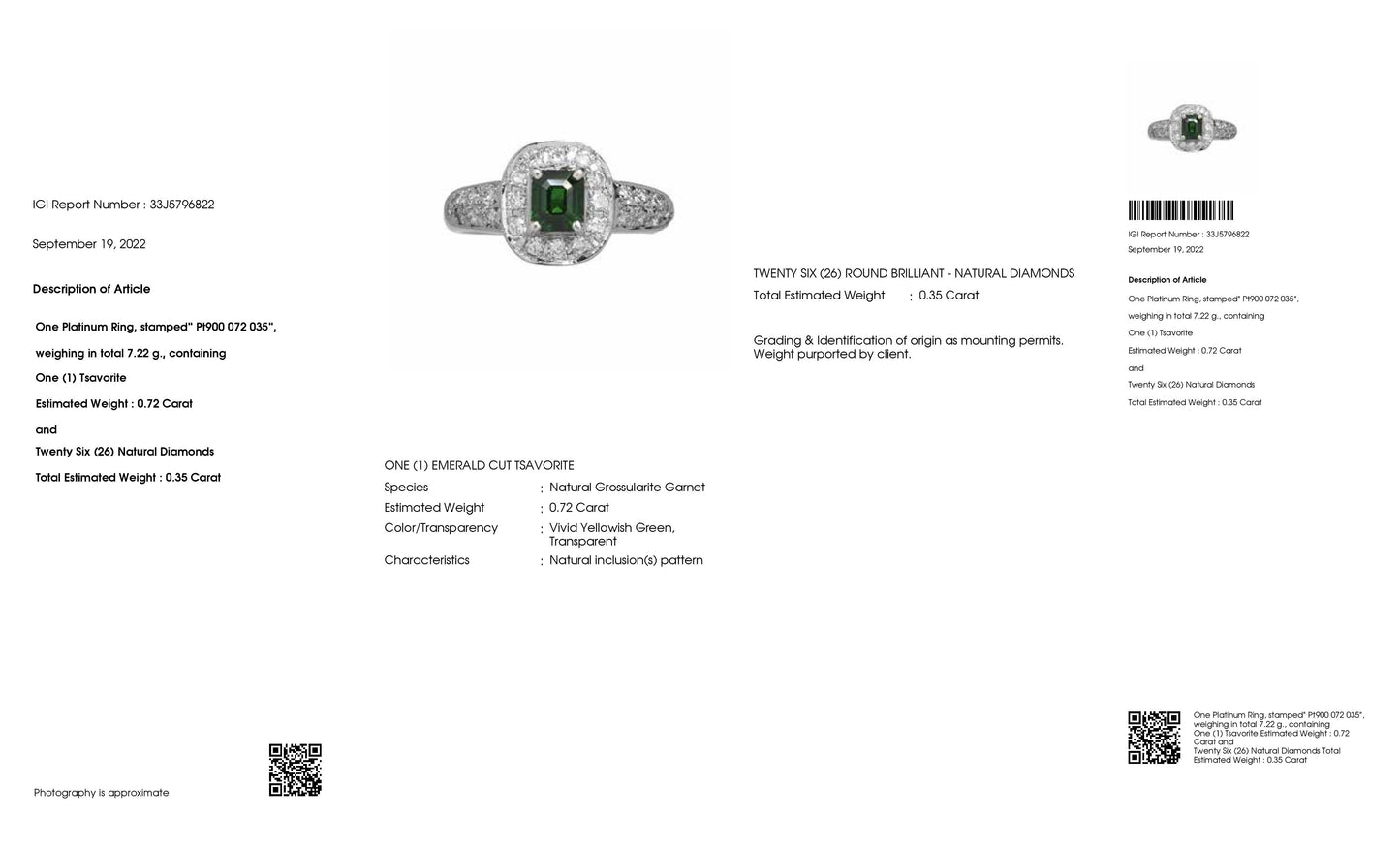 0.72ct NATURAL TSAVORITE and 0.35ct NATURAL DIAMONDS set with Platinum Ring - SALE